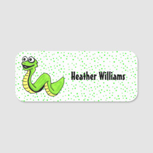 Happy Cartoon Snake Vibrant Green auf Polka Dots Namensschild