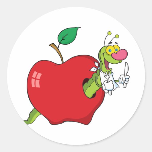Happy Cartoon Wurm in Apple Runder Aufkleber (Vorderseite)