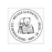 Happy Cat auf der Bücherstapel Runde Adresse 3 Gummistempel (Prägung)