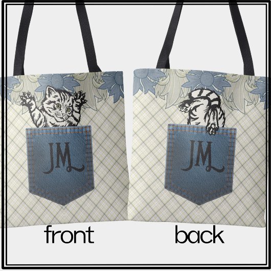 Happy Cat Blue Floral Country Kariert Jean Pocket Tasche