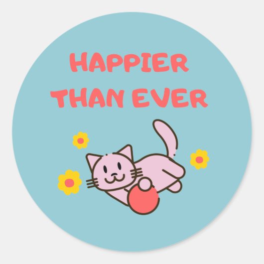 Happy Cat&Blume Klassischer Rundaufkleber Runder Aufkleber (Vorderseite)