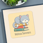 Happy Cat Book Stack Custom Name Bookplate Yellow Quadratischer Aufkleber