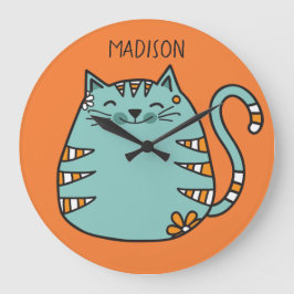 Happy Cat custom name & color wall clock Große Wanduhr
