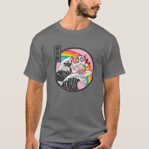 Happy Cat Eating Ramen Rainbow Kanagawa Wave Vapor T-Shirt