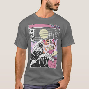 Happy Cat Eating Ramen Surfing Kanagawa Wave Anime T-Shirt