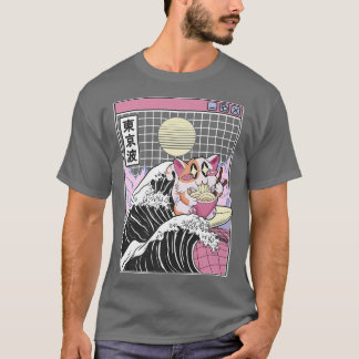 Happy Cat Eating Ramen Surfing Kanagawa Wave Anime T-Shirt