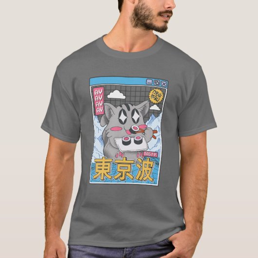 Happy Cat Eating Sushi Vaporwave Ästhetische Anime T-Shirt (Vorderseite)