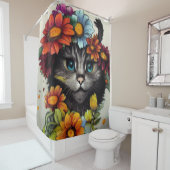 Happy Cat mit blauen Augen umgeben von Blume Duschvorhang (Beispiel)