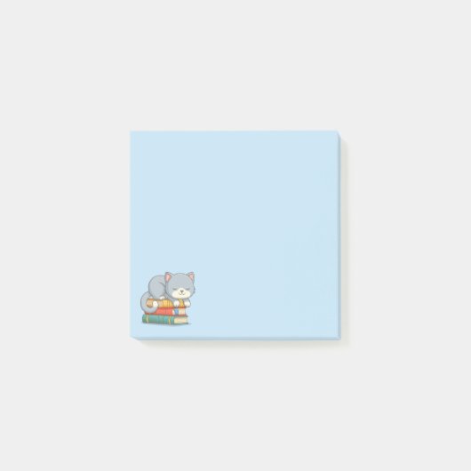 Happy Cat on top of a Book Stack Blue Post-it Klebezettel (Vorderseite)