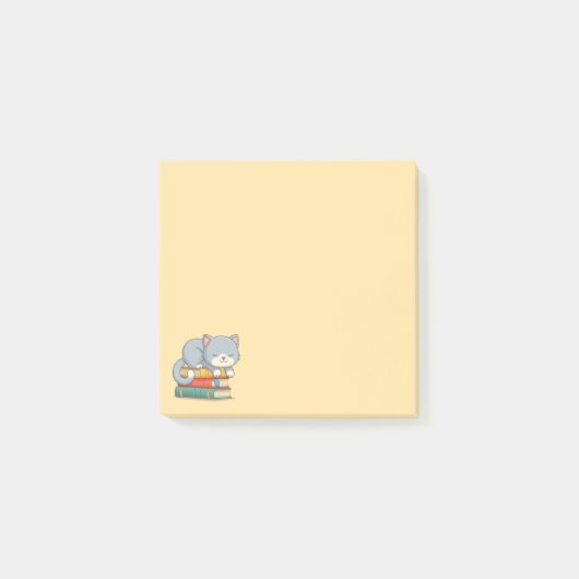 Happy Cat on top of a Book Stack Yellow Post-it Klebezettel (Vorderseite)