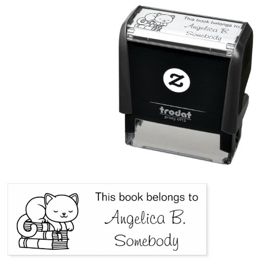 Happy Cat on top of Stack of Books - Buchzeichen Permastempel (Beispiel)