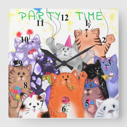 Happy Cat Party Cartoon Zeichnend - Niedlich Funny Quadratische Wanduhr (Vorderseite)