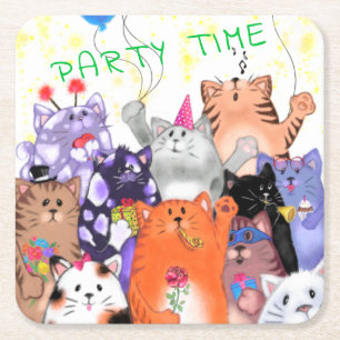 Happy Cat Party Cartoon Zeichnend - Niedlich Funny Rechteckiger Pappuntersetzer