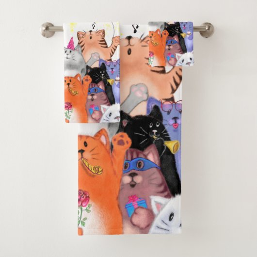 Happy Cat Party Cartoon Zeichnend - Niedliche Funn Badhandtuch Set (Insitu)