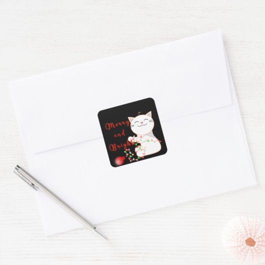 Happy Cat Playing with LED Light | Niedliche Weihn Quadratischer Aufkleber (Umschlag)