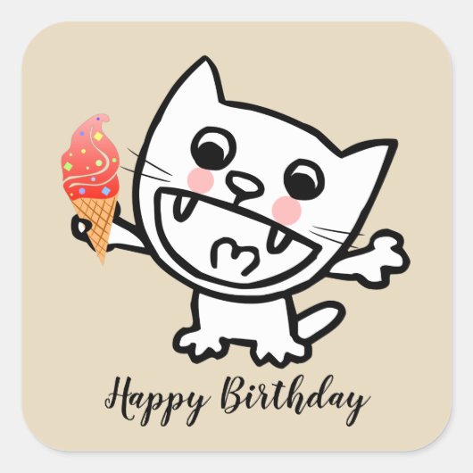 Happy Cat with Ice Cream Quadratischer Aufkleber (Vorderseite)