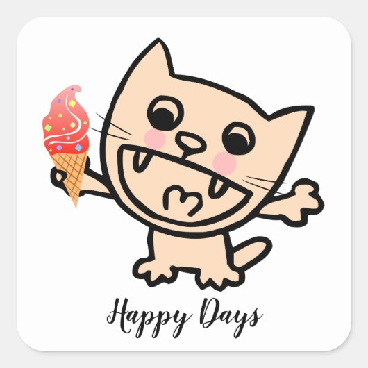 Happy Cat with Ice Cream Quadratischer Aufkleber (Vorderseite)