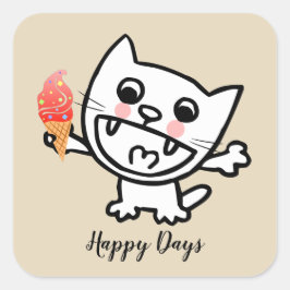 Happy Cat with Ice Cream Quadratischer Aufkleber