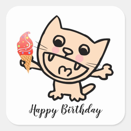 Happy Cat with Ice Cream Quadratischer Aufkleber (Vorderseite)