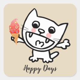 Happy Cat with Ice Cream Quadratischer Aufkleber