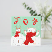 Happy Cat with Snowman | Niedliche Weihnachtskarte (Stehend Vorderseite)