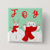 Happy Cat with Snowman | Niedlicher Weihnachtsknop Button (Vorderseite)