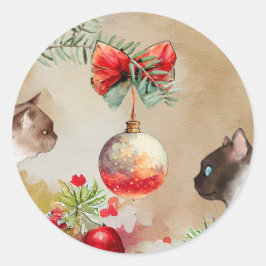 Happy Cats, Aquarell Ornamente und Pine Christmas Runder Aufkleber