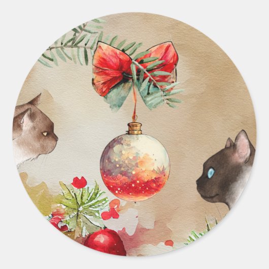 Happy Cats, Aquarell Ornamente und Pine Christmas Runder Aufkleber (Vorderseite)