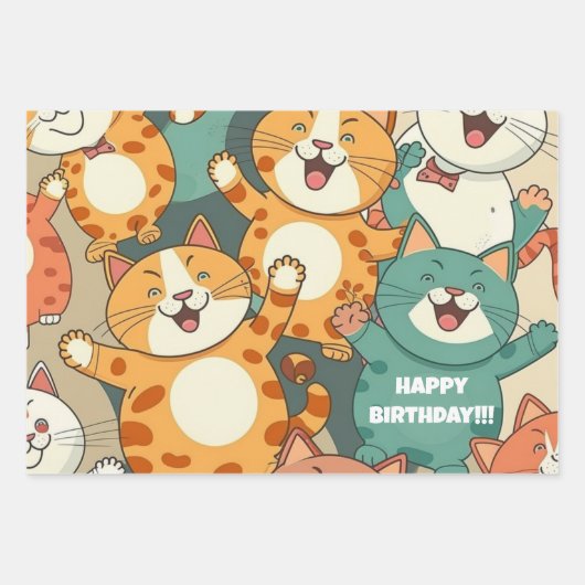 Happy Cats Birthday Wrapping Paper Geschenkpapier Set (Vorderseite)