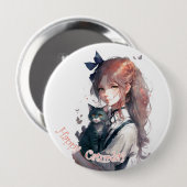 Happy Caturday Girl Holding Her Cat Watercolor Button (Vorne & Hinten)