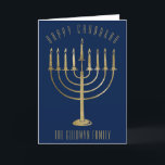 Happy Chanukah Gold Menorah Blue Holiday Card Feiertagskarte<br><div class="desc">Send your loved ones a personalized card this Chanukah season. This design features a gold colored menorah on a navy blue background. Above it the message reads "Happy Chanukah". Below the menorah is a place for your family name which you may personalize or remove if you'd like. Inside of the...</div>