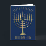 Happy Chanukah Gold Menorah Blue Holiday Card Feiertagskarte<br><div class="desc">Send your loved ones a personalized card this Chanukah season. This design features a gold colored menorah on a navy blue background. Above it the message reads "Happy Chanukah". Below the menorah is a place for your family name which you may personalize or remove if you'd like. Inside of the...</div>
