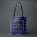 HAPPY CHANUKAH Liebe Joy Peace BLUE Hebrew Tasche<br><div class="desc">Farbenfrohe TOTE BAG mit Imitate silberner Star von David in subtilen Hintergrundmuster. LIEBE JOY PEACE inklusive hebräischer Übersetzungen sind rot,  gelb und grün farblich gekennzeichnet. Der Text kann angepasst werden,  falls Sie etwas ändern möchten. HAPPY CHANUKAH ist ebenfalls anpassbar. Teil der HANUKKAH Kollektion</div>