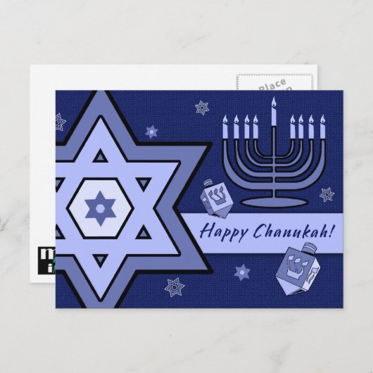 Happy Chanukah. Star von David, Menorah, Dreidels Postkarte (Vorne/Hinten)