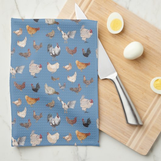 Happy Chicken Print auf Denim Blue Geschirrtuch (Viertel Falte)