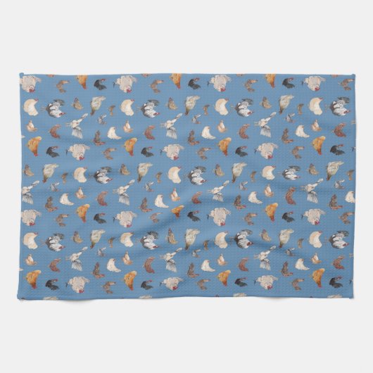 Happy Chicken Print auf Denim Blue Geschirrtuch (Horizontal)