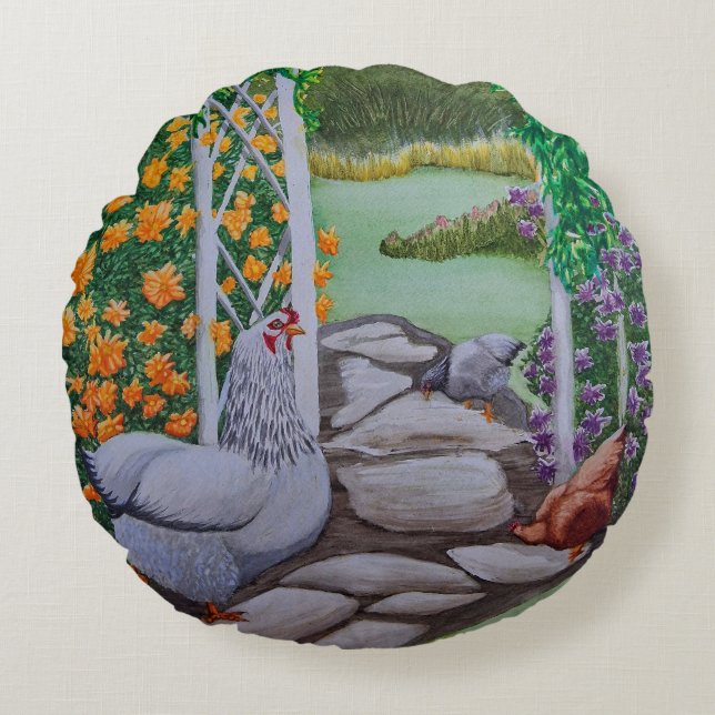 Happy Chickens Rundes Kissen (Vorderseite)