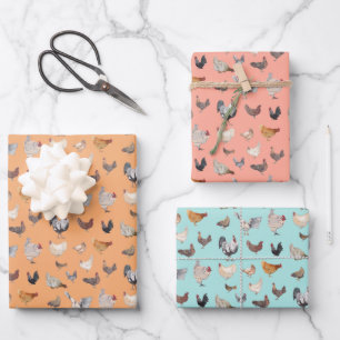 Happy Chickens Wrapping Paper Flat Sheet Set 3 Geschenkpapier Set