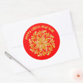 "Happy Chinese New Year" Golden Yellow Red Floral Runder Aufkleber (Umschlag)