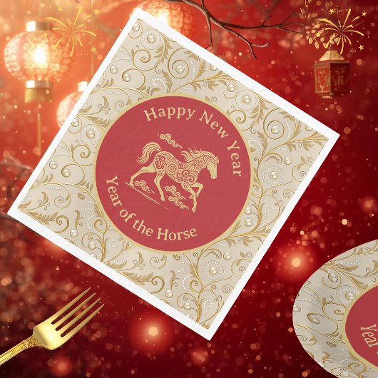 Happy Chinese New Year of Horse Elegant Gold Red  Serviette