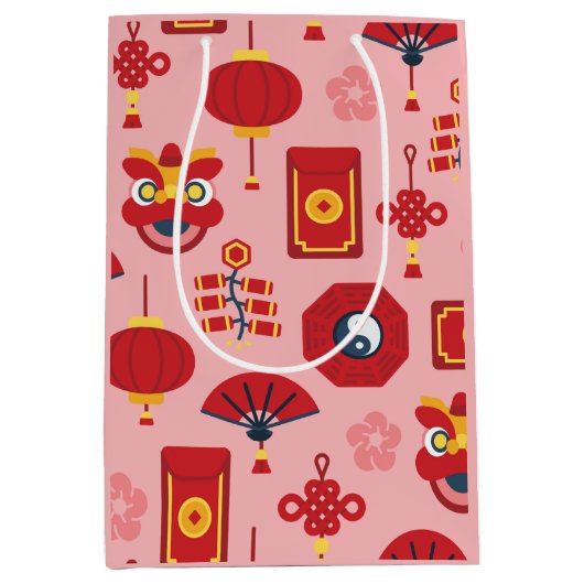 Happy Chinese New Year Symbols Pink Mittlere Geschenktüte (Vorderseite)