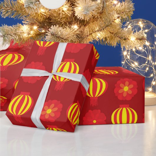 Happy Chinese New Year Yellow Lantern Blumenrot Geschenkpapier (Feiertage)