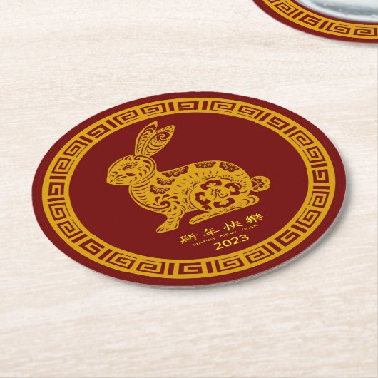 Happy Chinesisch Neujahr 2023 Rabbit Red Gold Runder Pappuntersetzer (Angewinkelt)