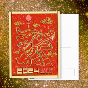 Happy Chinesisch Red Gold Neujahr des Drachen 2024 Feiertagspostkarte