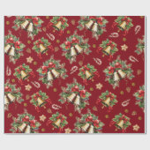 Happy Christmas Bells Holly Berries Pinecones Red Geschenkpapier (Flach)