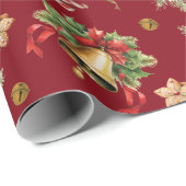 Happy Christmas Bells Holly Berries Pinecones Red Geschenkpapier (Rolleneckpunkt)