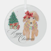 Happy Christmas Dog Sitting Ornament Aus Glas (Vorderseite)