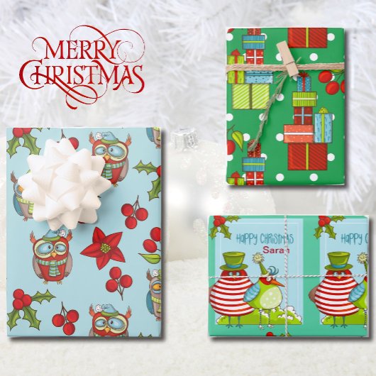 Happy Christmas Personalize Name Quirky Bird 3 Geschenkpapier Set