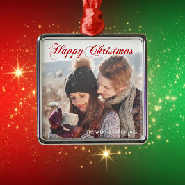 Happy Christmas Red Elegant Script Couple Foto Ornament Aus Metall