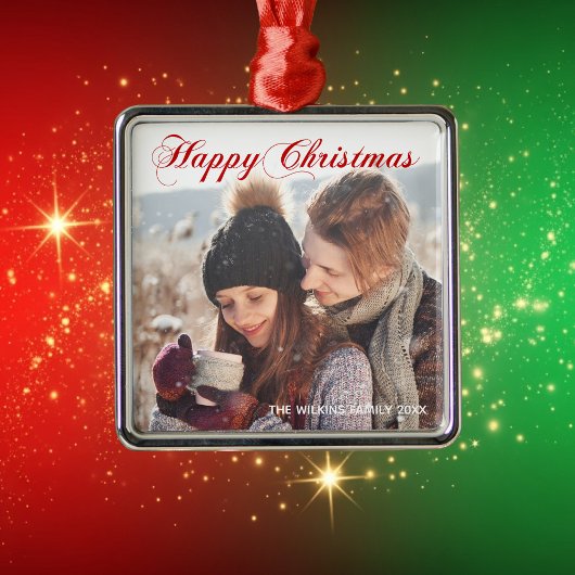Happy Christmas Red Elegant Script Couple Foto Ornament Aus Metall